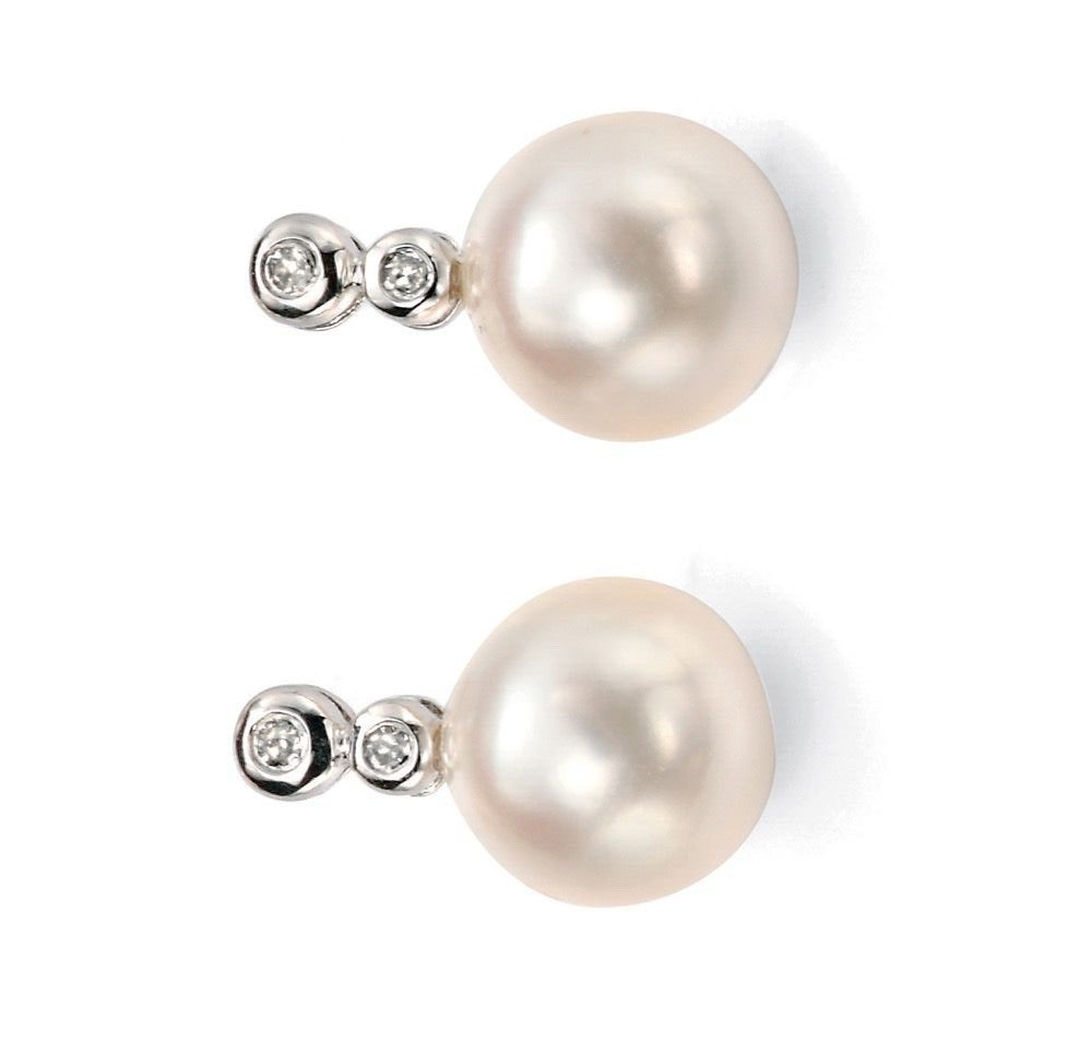 Round  Pearl And Diamond Stud Earrings British Made 9ct White Gold 375 Hallmark