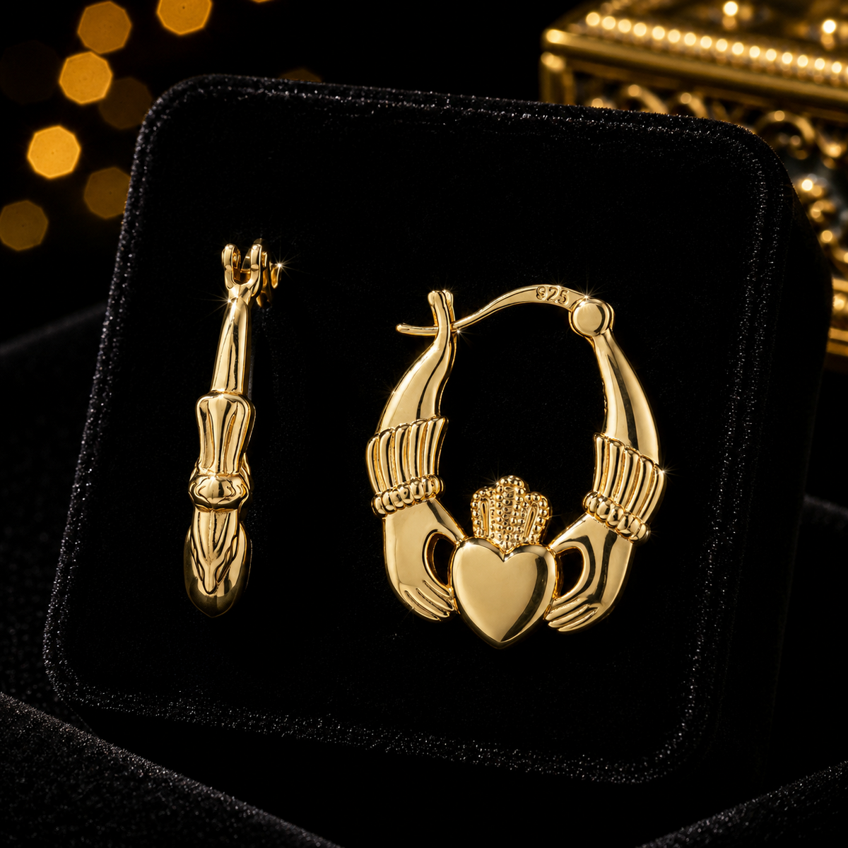 Claddagh Earrings 9ct Yellow Gold Plated On Sterling Silver Hallmarked Brand New