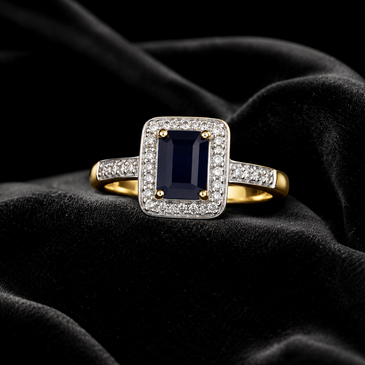 Halo Baguette Sapphire Diamond Ring 9ct 2 Tone Gold 375 Hallmarked Sizes J - Q