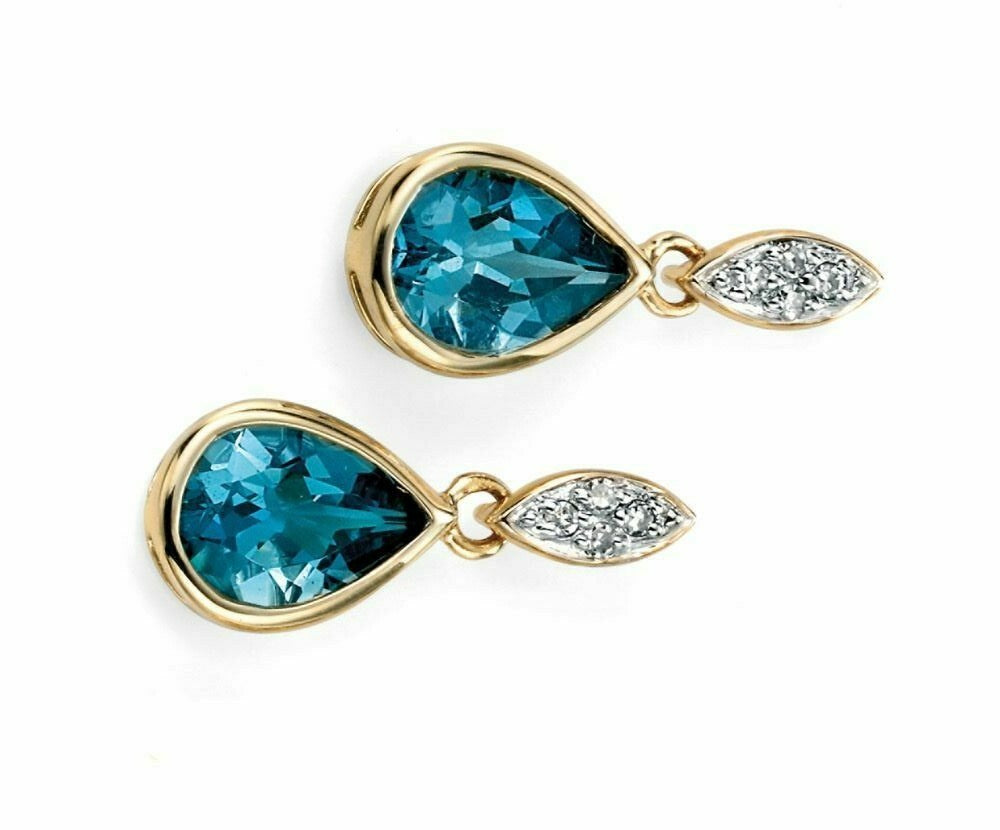 Blue Topaz and Diamond Pear Earrings 9k Yellow Gold Hallmark British Made