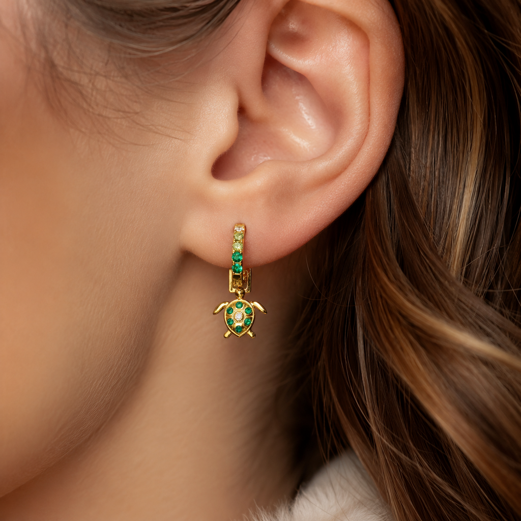 Emerald Turtle Huggie Hoop Earrings 18ct Yellow Gold Plated Hallmark Brand New