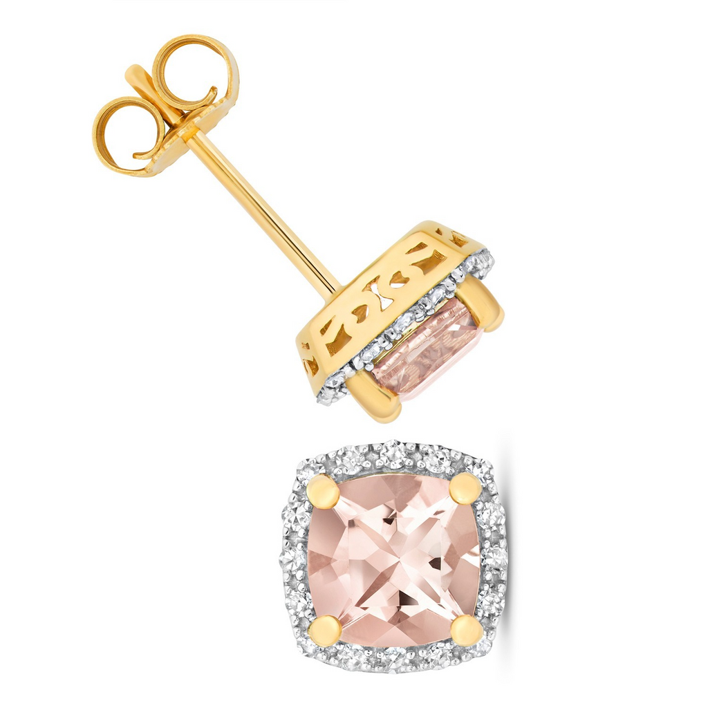 Natural Halo Cushion Morganite Diamond Earrings 9ct Multi Tone Gold 375 Hallmark
