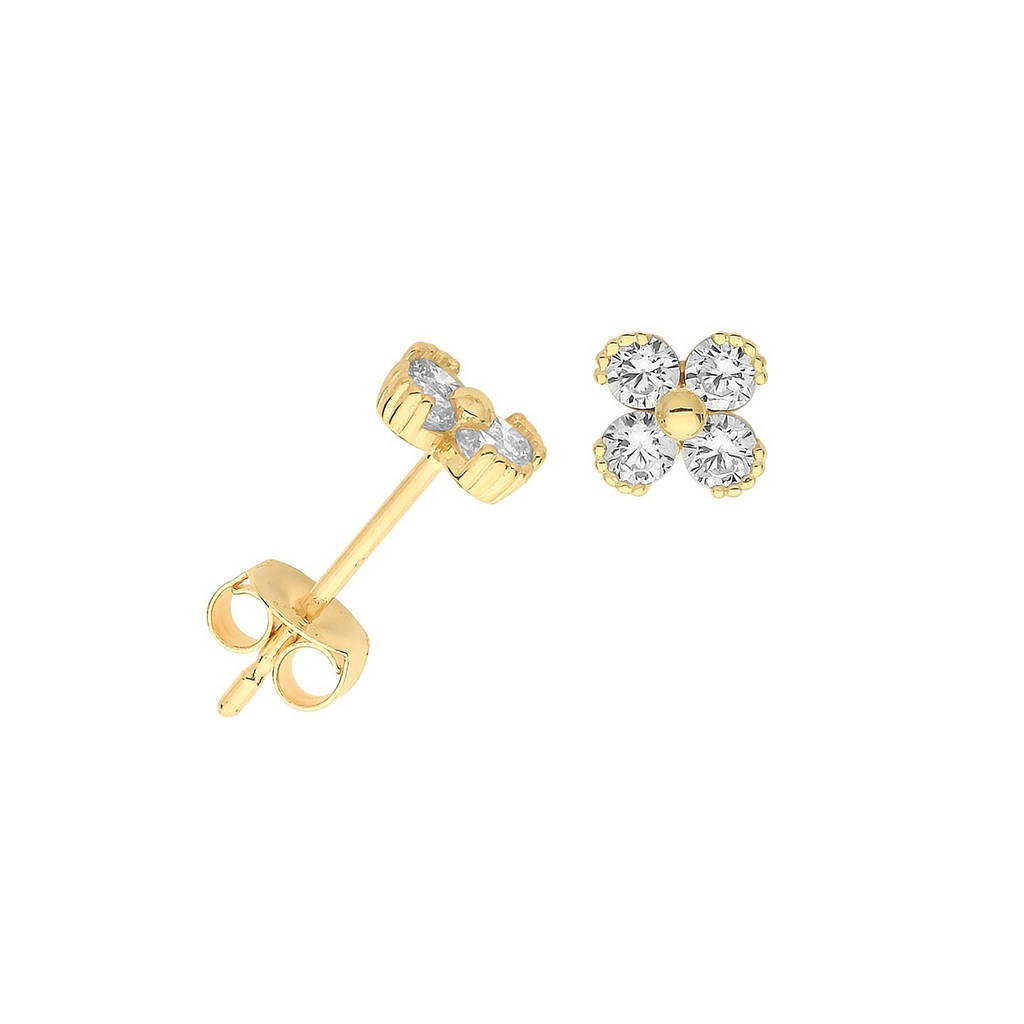 4 Stone Floral Stud Earrings 9ct Yellow Gold 375 Hallmarked Brand New Boxed