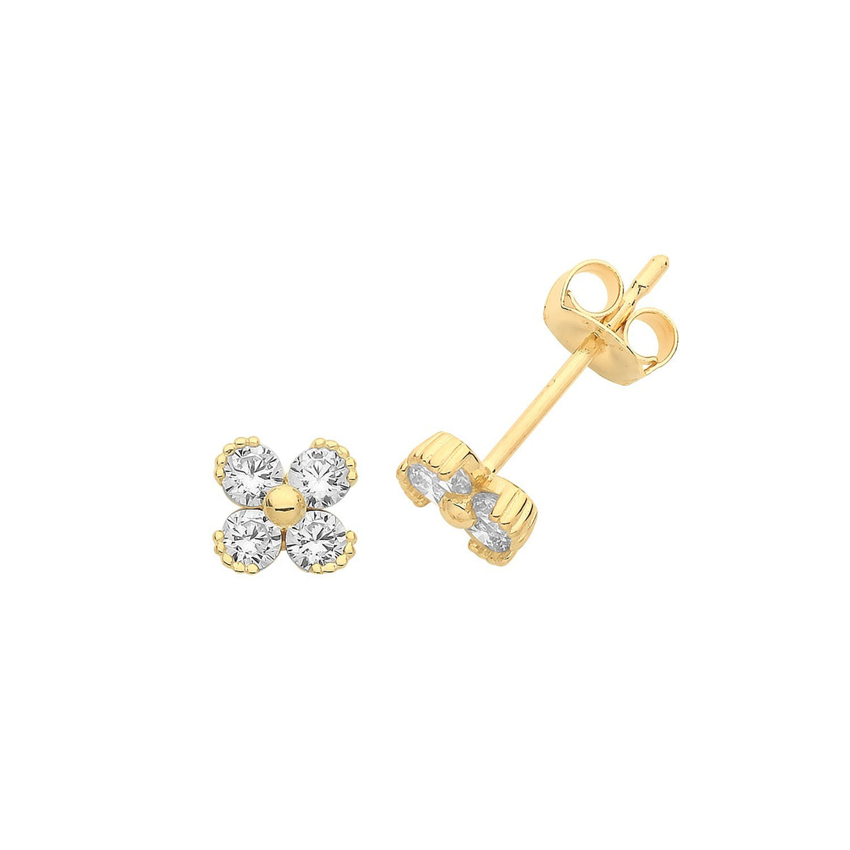 4 Stone Floral Stud Earrings 9ct Yellow Gold 375 Hallmarked Brand New Boxed