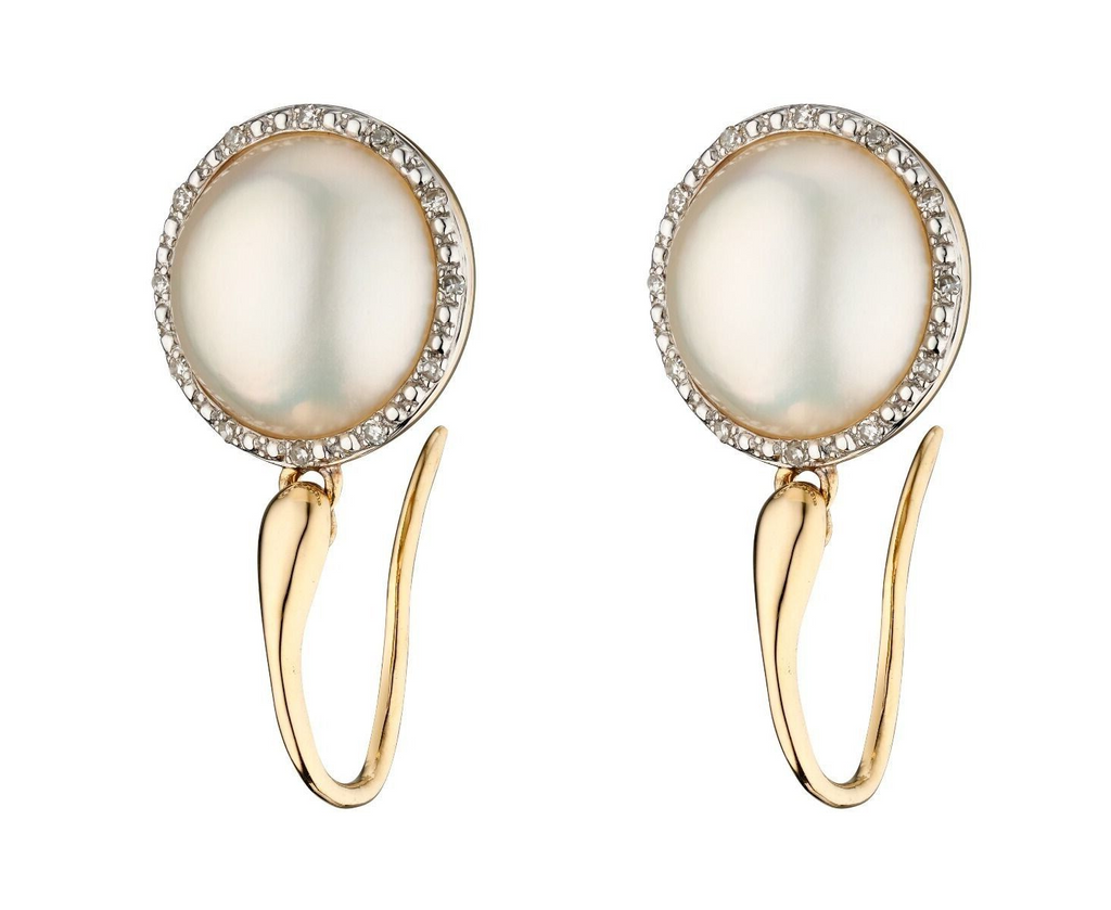 Mabe Pearl & Diamond Drop Earrings British Made 9ct Yellow Gold 375 Hallmarked
