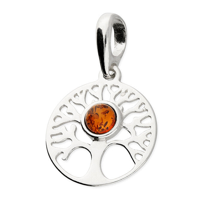 Amber Tree of Life Pendant Solid Sterling Silver 925 Hallmark 18" Chain