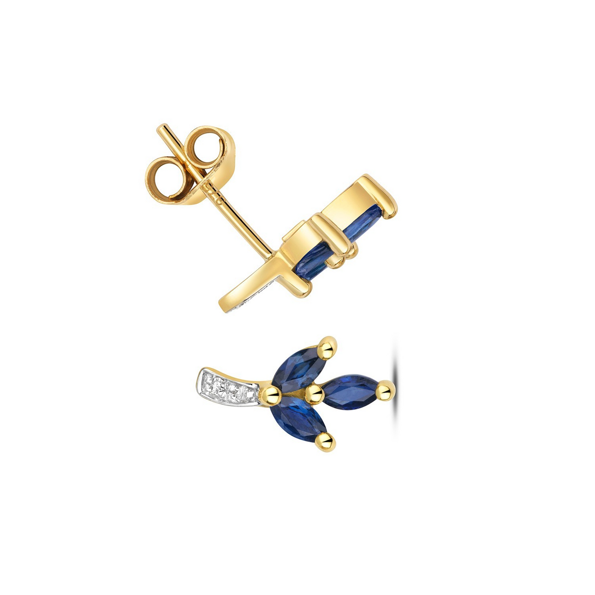 Sapphire Floral Diamond Stud Earrings 9ct Yellow Gold 375 Hallmark British Made