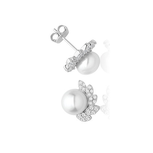 Pearl & Leaf Cluster Stud Earrings Sterling Silver 925 Hallmarked British Made