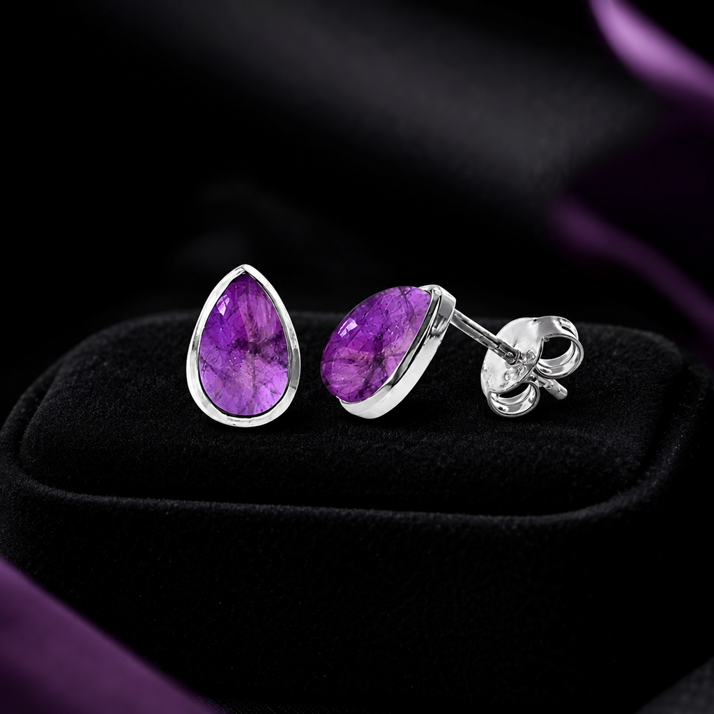 8mm Natural Amethyst Teardrop Earrings Sterling Silver 925 Hallmarked Brand New