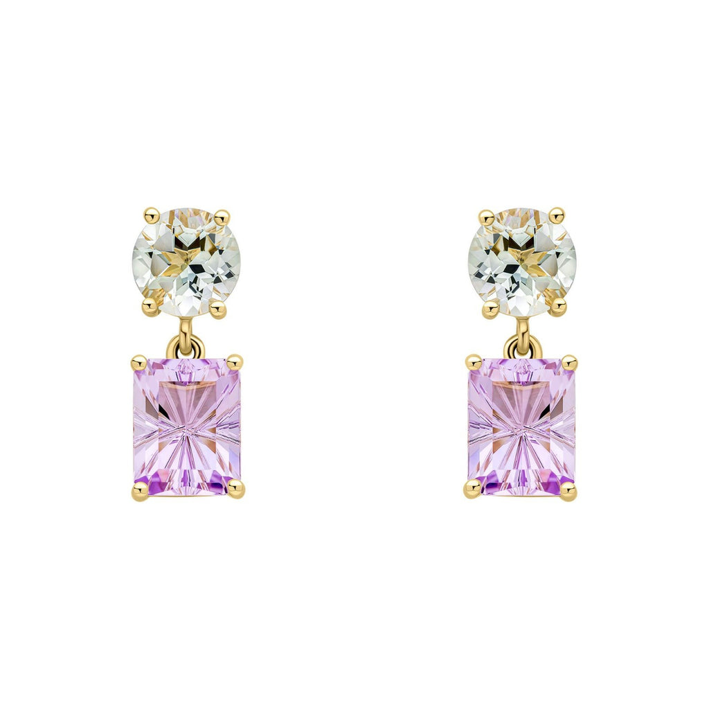 Amethyst & Quartz Drop Earrings 9ct Yellow Gold 375 Hallmarked British Made