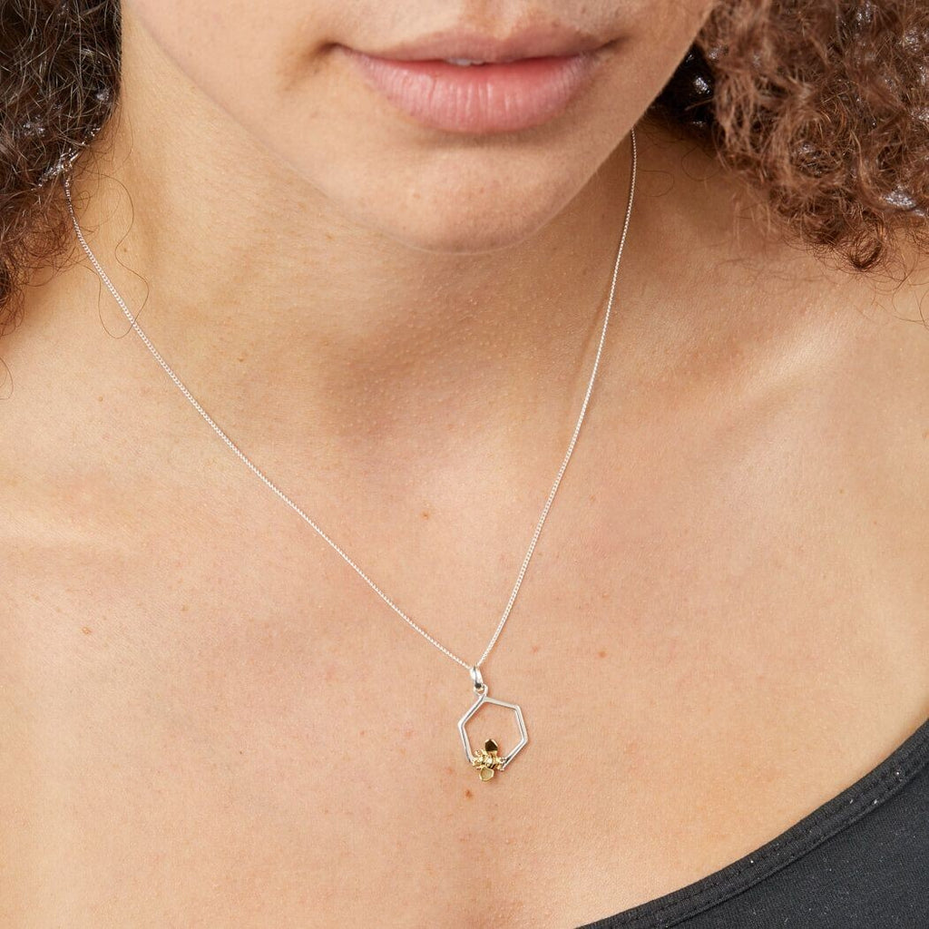 Hexagon Bumble Bee Pendant 9ct Yellow Gold Plated Hallmarked All Chain Lengths
