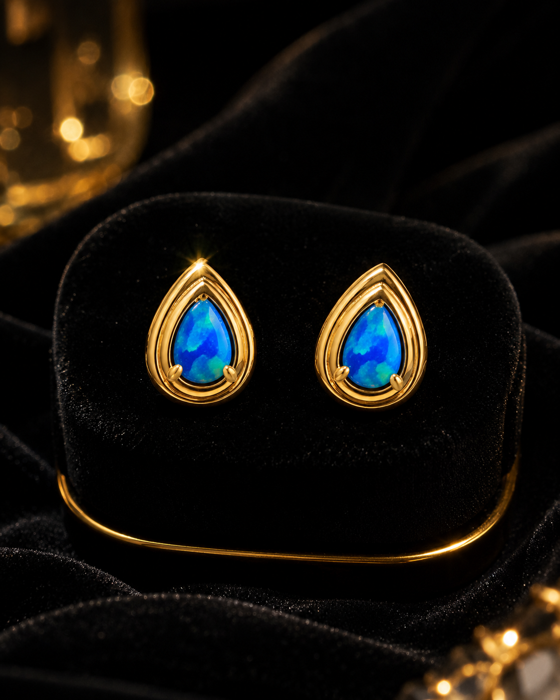 Blue Opal Teardrop Stud Earrings 9ct Yellow Gold 375 Hallmarked British Made