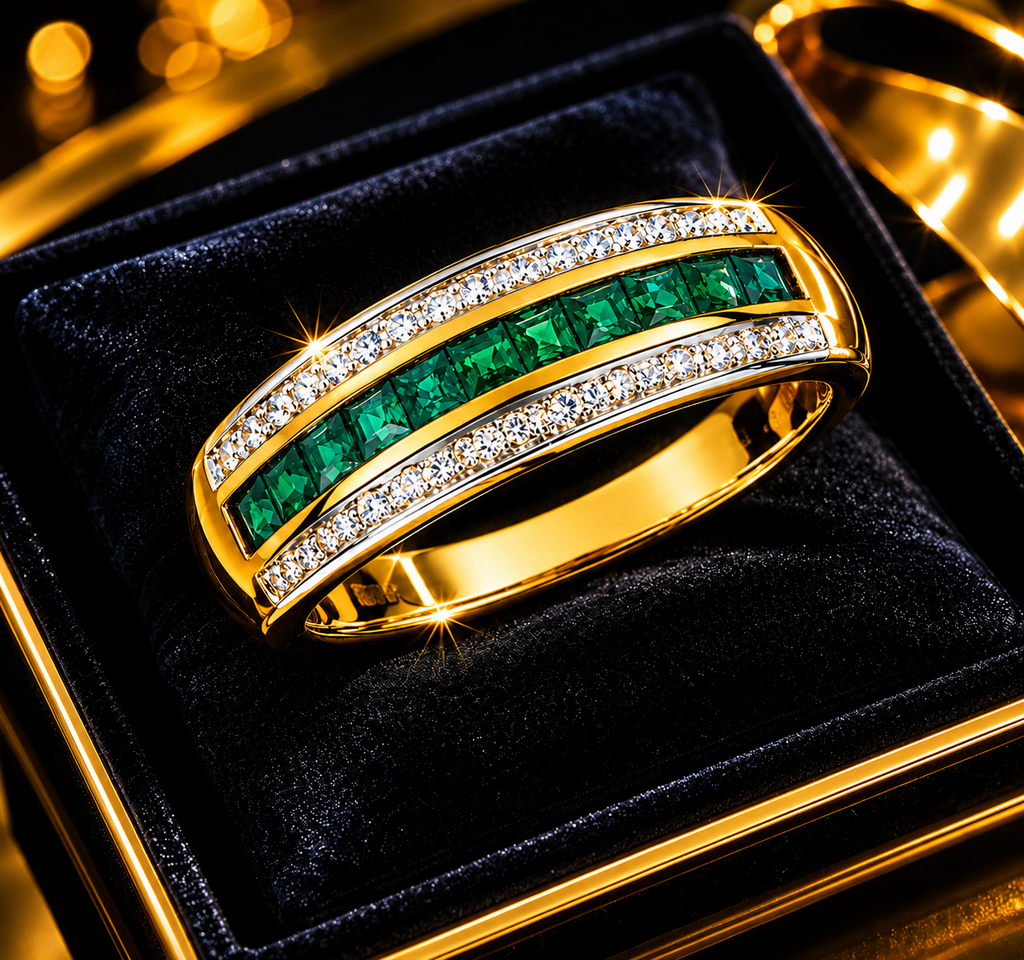 Emerald Diamond Band Ring 9ct 2 Tone Gold 375 Hallmark Sizes J - Q British Made