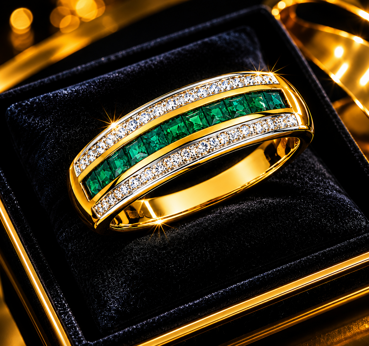 Emerald Diamond Band Ring 9ct 2 Tone Gold 375 Hallmark Sizes J - Q British Made