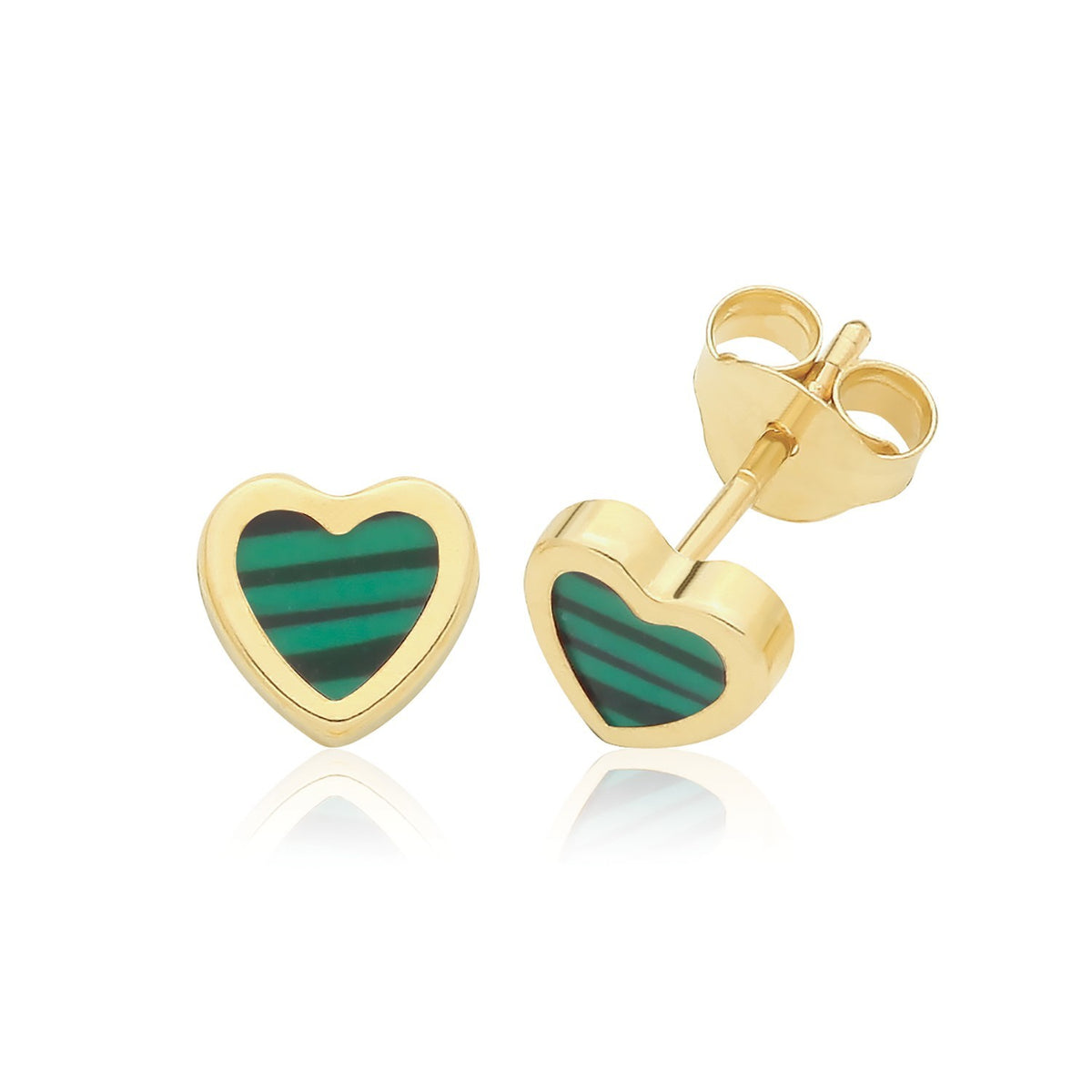 Natural Malachite Heart Stud Earrings 9ct Yellow Gold 375 Hallmarked Brand New