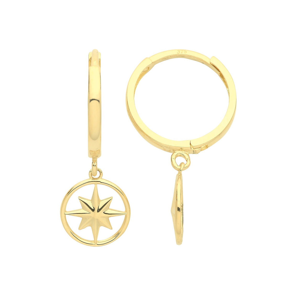 10mm Compass Drop Hoops Earrings 9ct Yellow Gold 375 Hallmarked Brand New