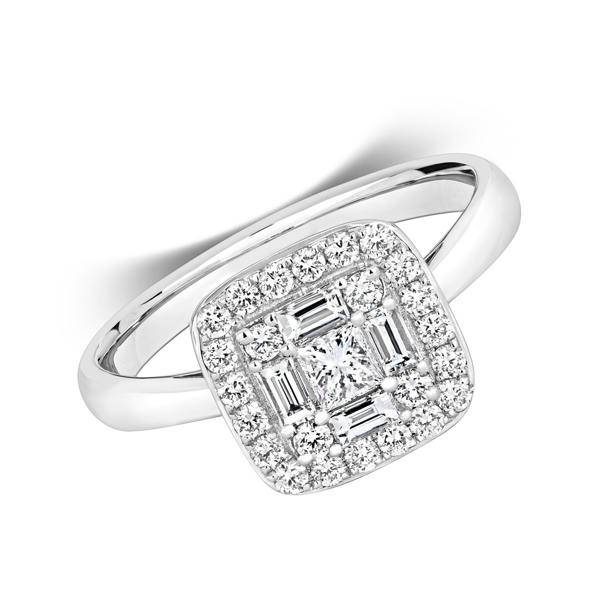 Natural Diamond Baguette Halo Ring 18ct White Gold Hallmarked Sizes J - Q