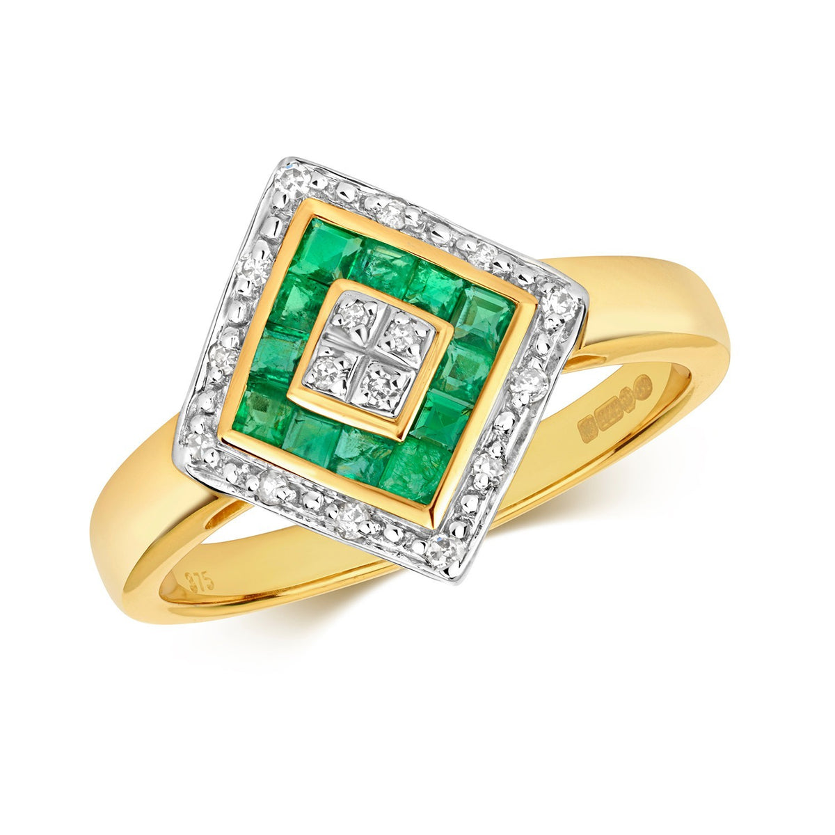 Statement Emerald Diamond Ring 9ct 2 Tone Gold 375 Hallmarked Sizes J - Q