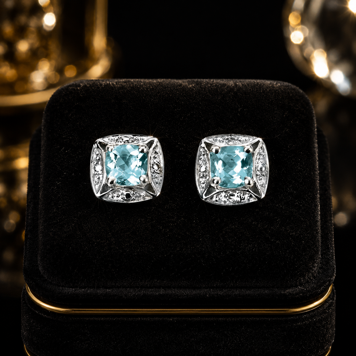 Aquamarine and Diamond Stud Earrings 9k White Gold 375 Hallmarked British Made