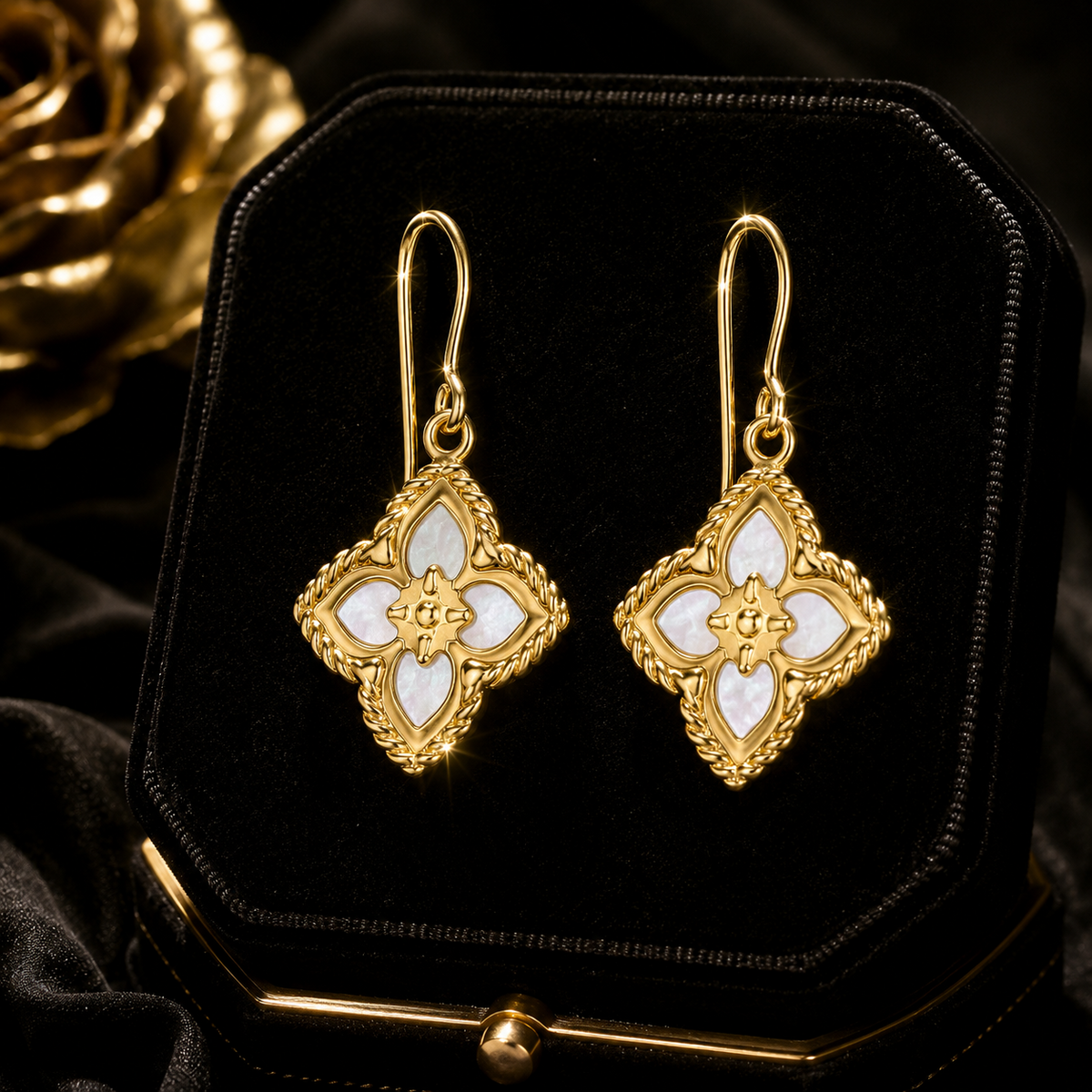 Mother Of Pearl Floral Drop Earrings 9ct Yellow Gold 375 Hallmarked British Made