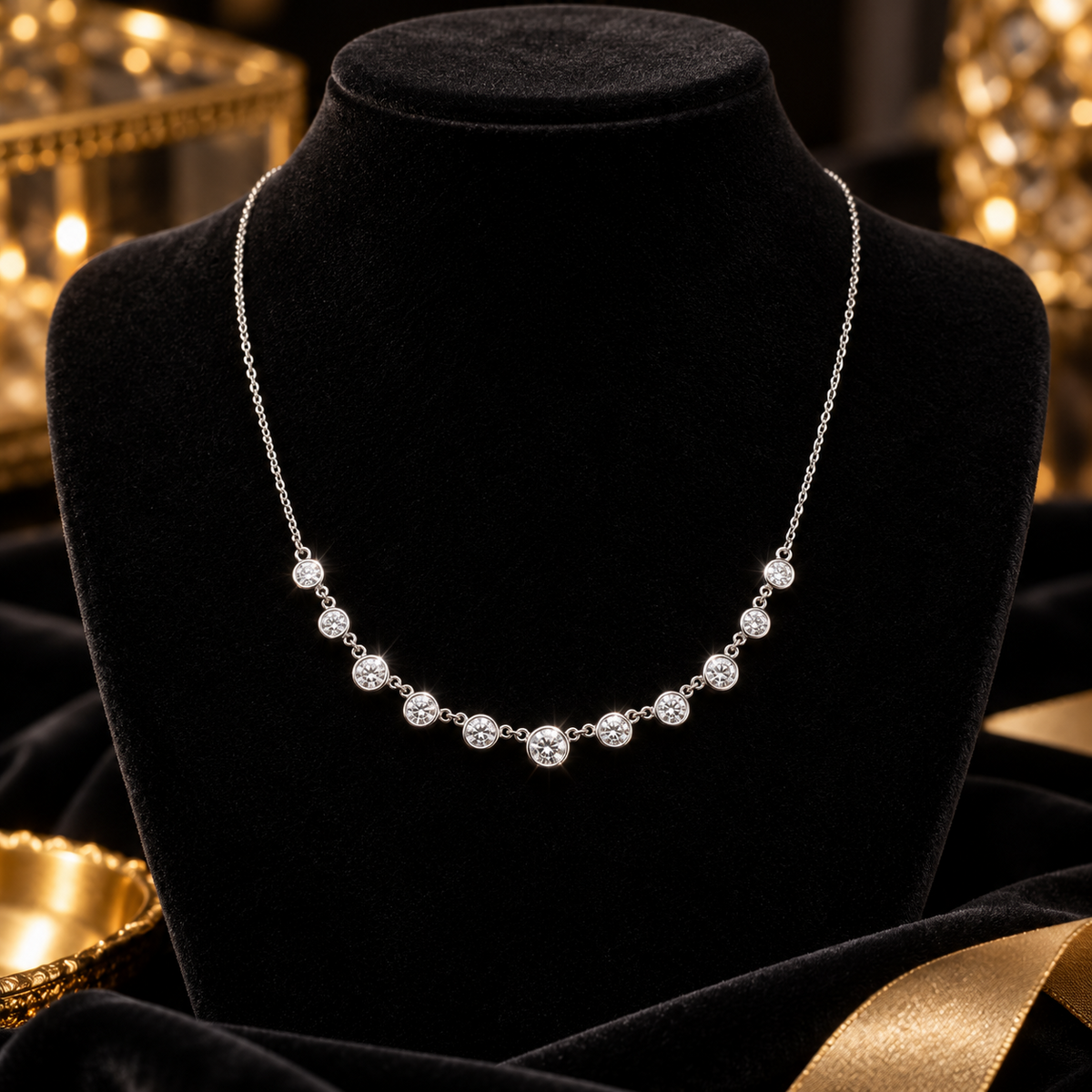Graduated Bezel Set Necklace Sterling Silver 925 Hallmarked British Made