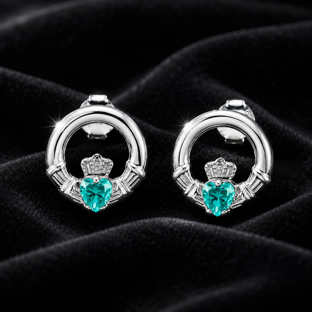 Aquamarine Claddagh Stud Earrings Sterling Silver 925 Hallmarked British Made