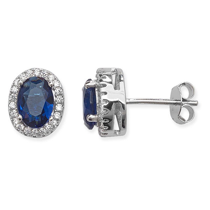 Oval Halo Sapphire Stud Earrings Sterling Silver 925 Hallmarked British Made