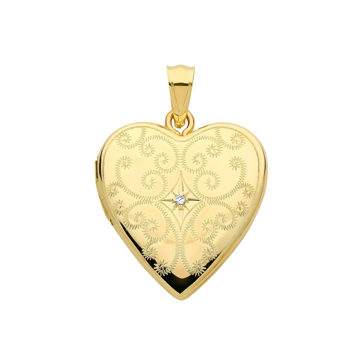 Starburst Scroll Diamond 9ct Yellow Gold Locket 375 Hallmarked All Chain Lengths