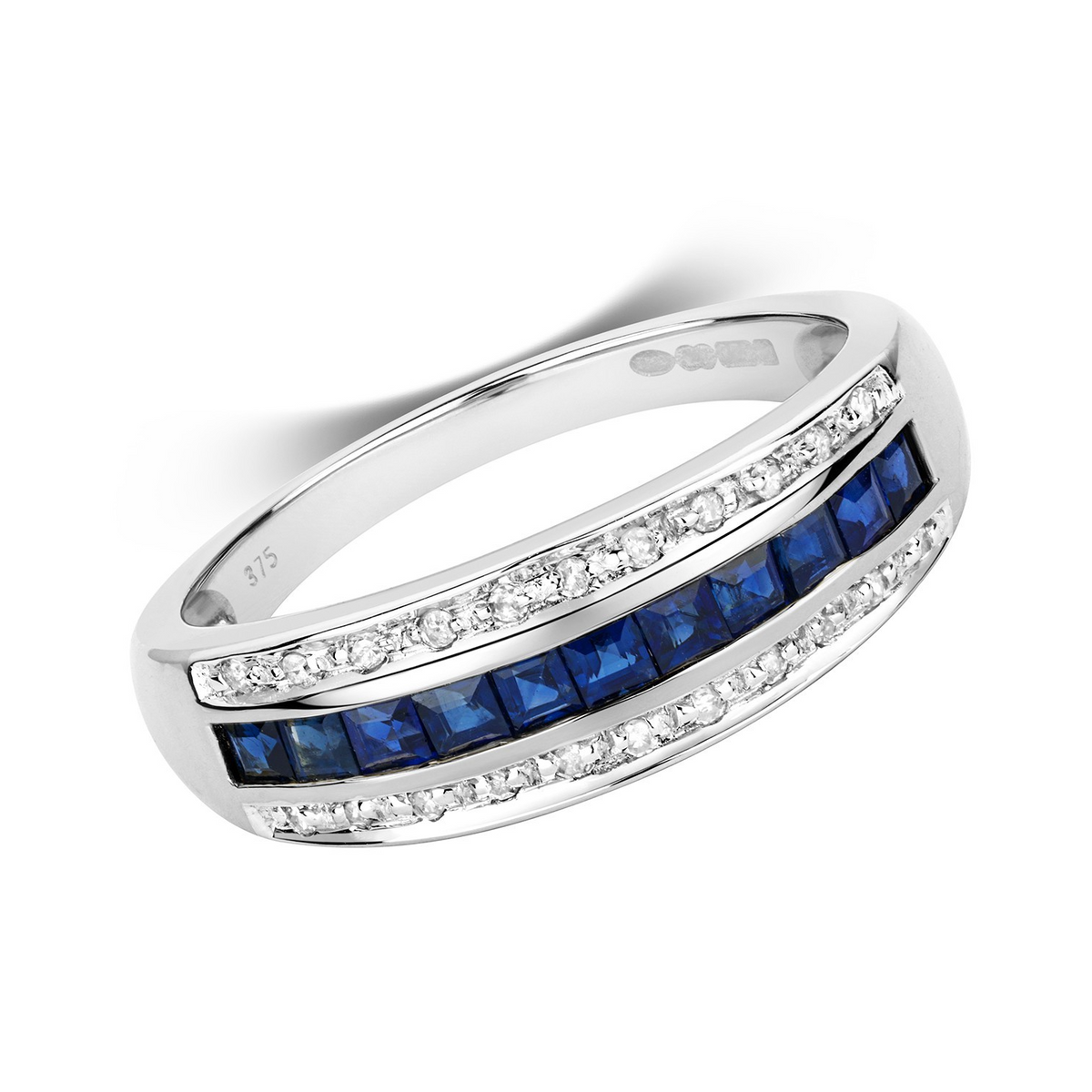 Sapphire Diamond Band Ring 9ct White Gold 375 Hallmark Sizes J - Q British Made