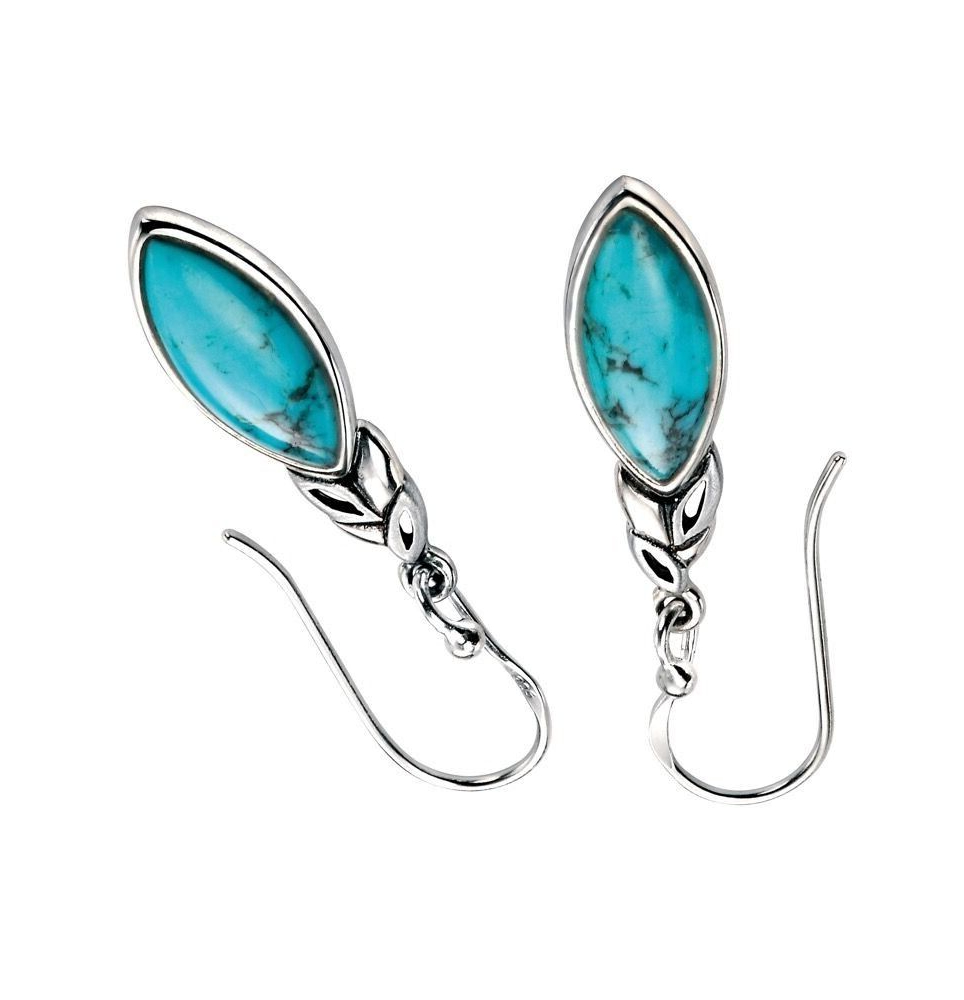 Real Turquoise Leaf Drop Earrings Solid Sterling Silver 925 Hallmarked