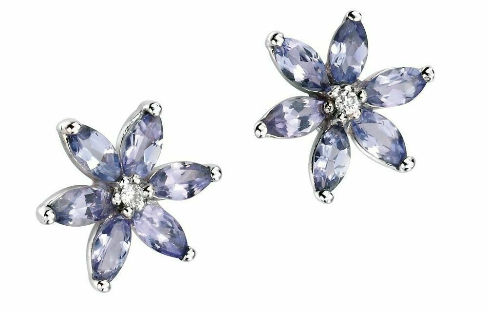 Tanzanite Flower Stud Earrings 9k White Gold 375 Hallmarked British Made