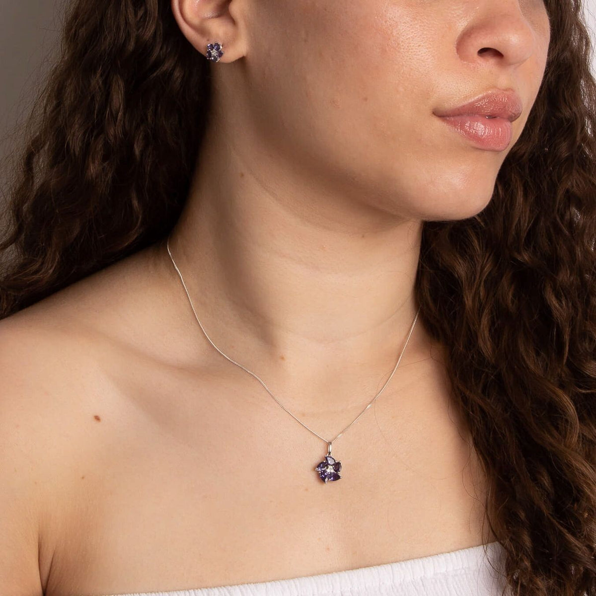 Iolite And Diamond Flower Earrings 9ct White Gold 375 Hallmarked British Made