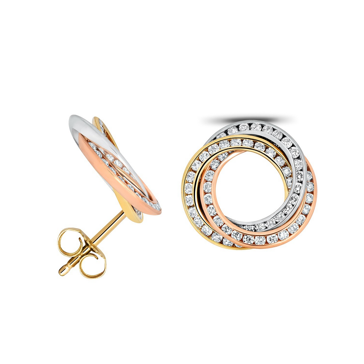 Natural Diamond Statement Stud Earrings 18ct 3 Tone Gold Hallmarked British Made