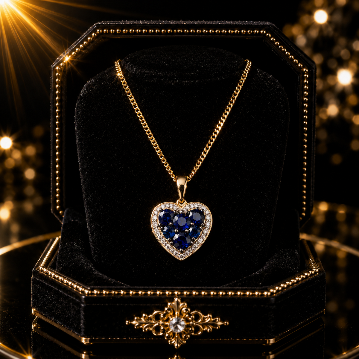 Sapphire and Diamond Heart Pendant 9ct Yellow Gold 375 Hallmarked British Made