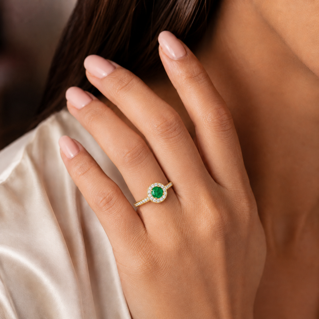 Round Cluster Emerald Diamond Halo Ring 9ct Gold 375 Hallmark J - Q British Made