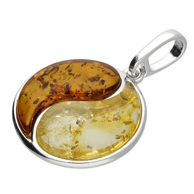 Ying Yang Chinese Amber Pendant Sterling Silver 925 Hallmarked All Chain Lengths