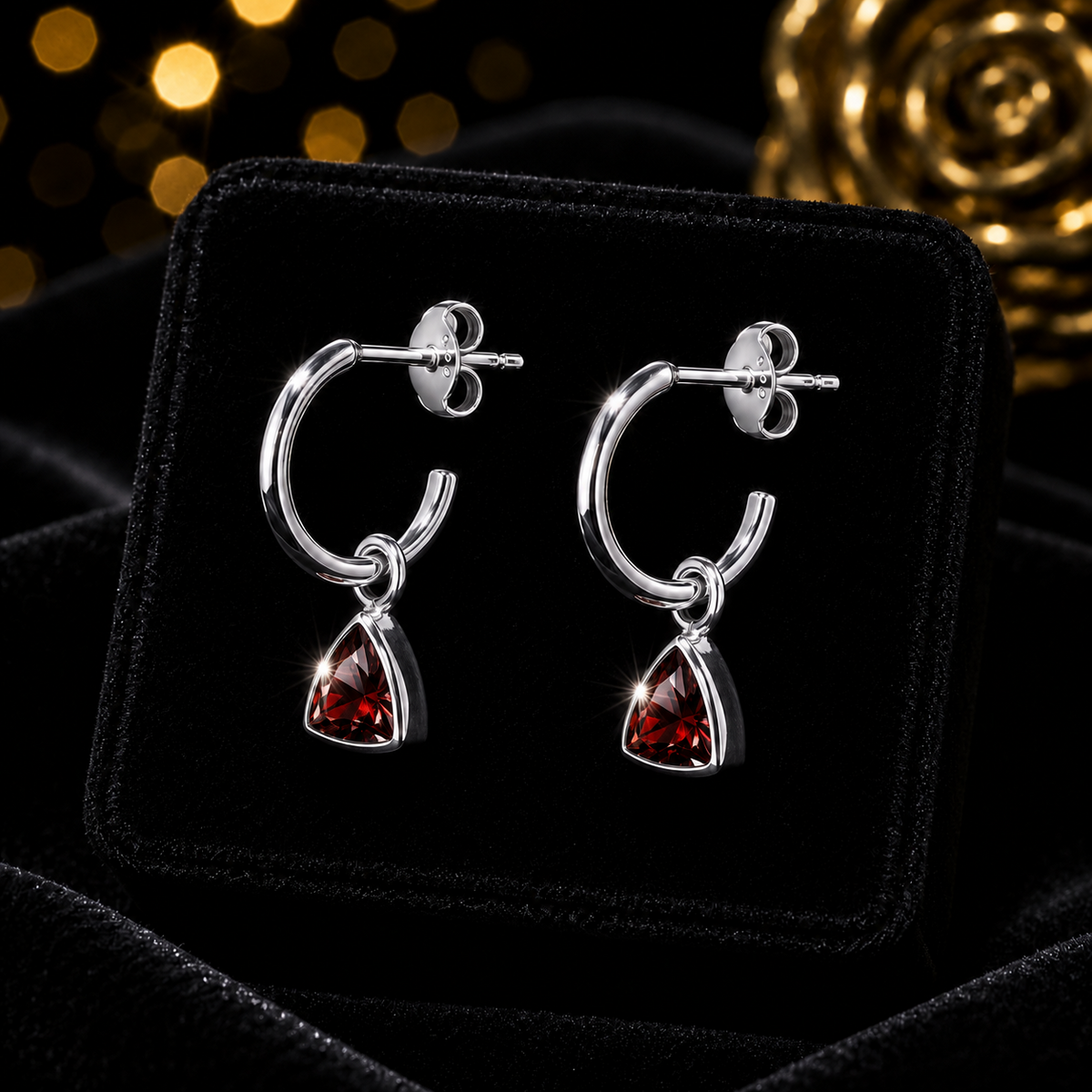 Trillion Garnet Hoop Earrings Sterling Silver 925 Hallmarked Brand New Boxed