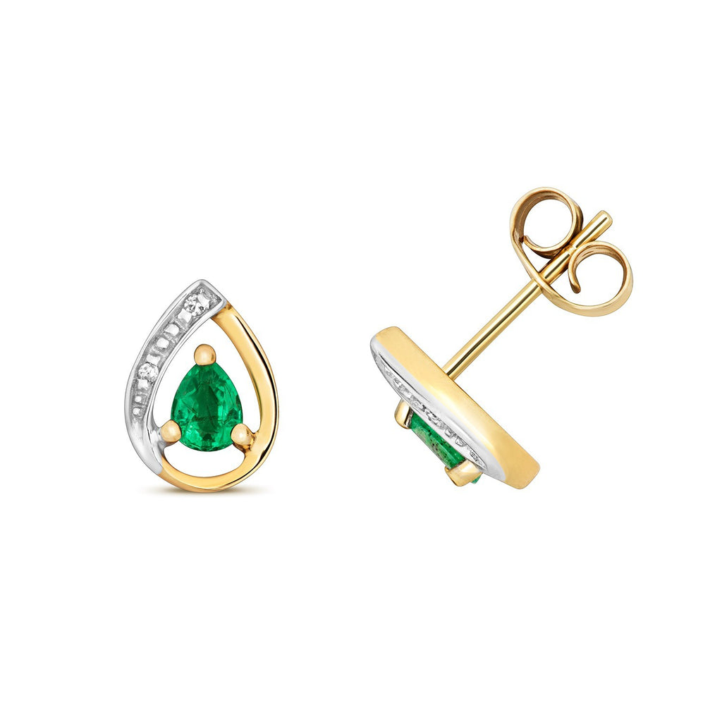 Emerald Teardrop Diamond Stud Earrings 9ct Multi Gold 375 Hallmark British Made