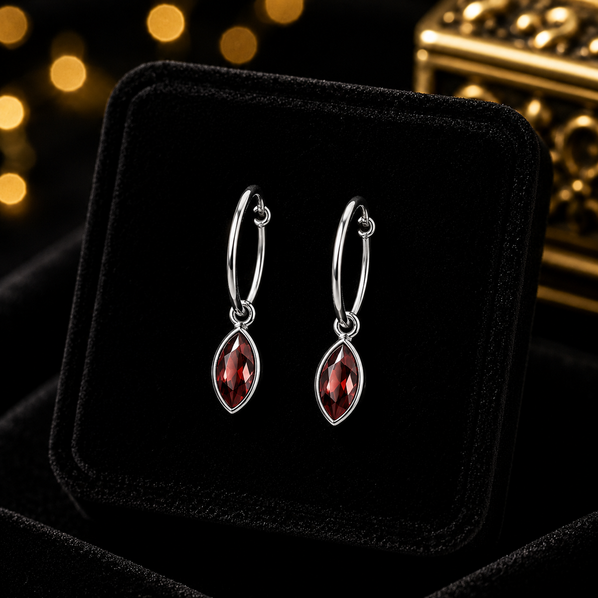 Marquise Garnet Hoop Earrings Sterling Silver 925 Hallmarked Brand New Boxed