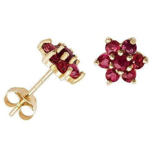 Ruby Cluster Stud Earrings Yellow Gold Natural Stone 375 Hallmark New Boxed