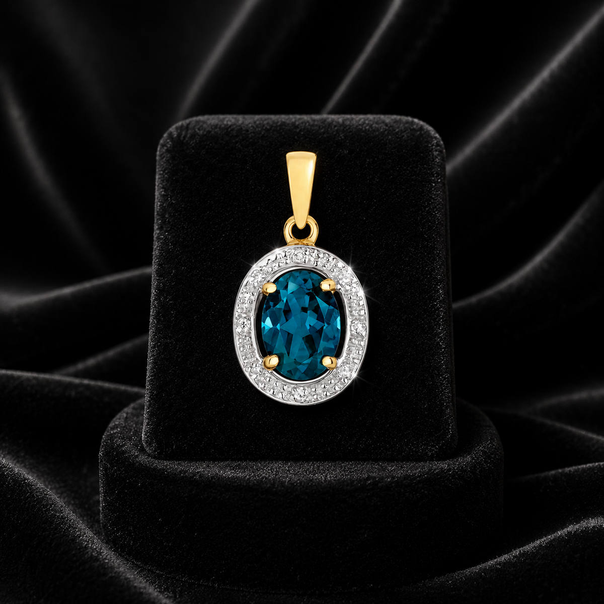 Oval Blue Topaz Diamond Pendant 9ct Multi Tone Gold 375 Hallmarked Chain Lengths