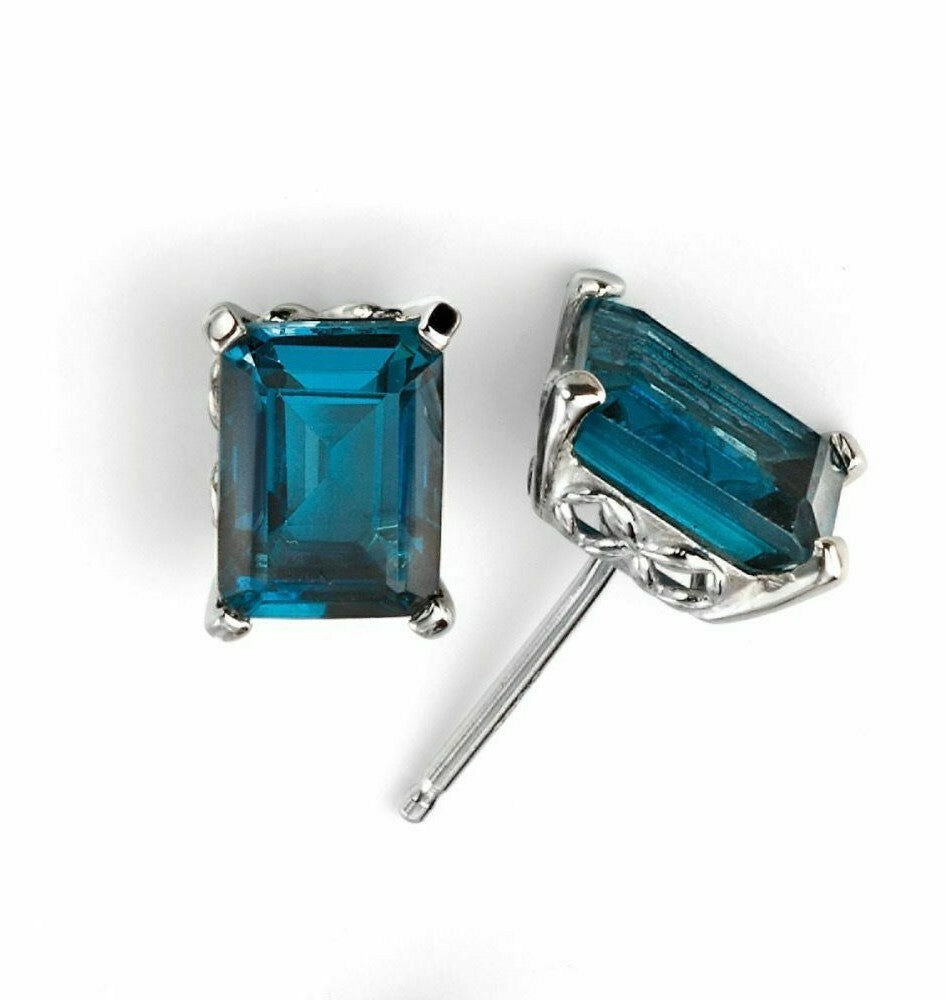 London Blue Topaz Stud Earrings 9k White Gold 375 Hallmarked British Made