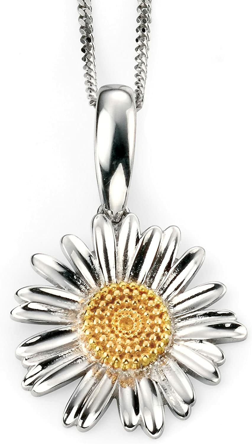 Sterling Silver Daisy Pendant 18" Chain Gold Detail Hallmarked Brand New Boxed
