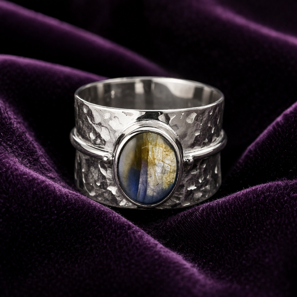 Tapered Oval Labradorite Ring Sterling Silver 925 Hallmark British Made Size K-T
