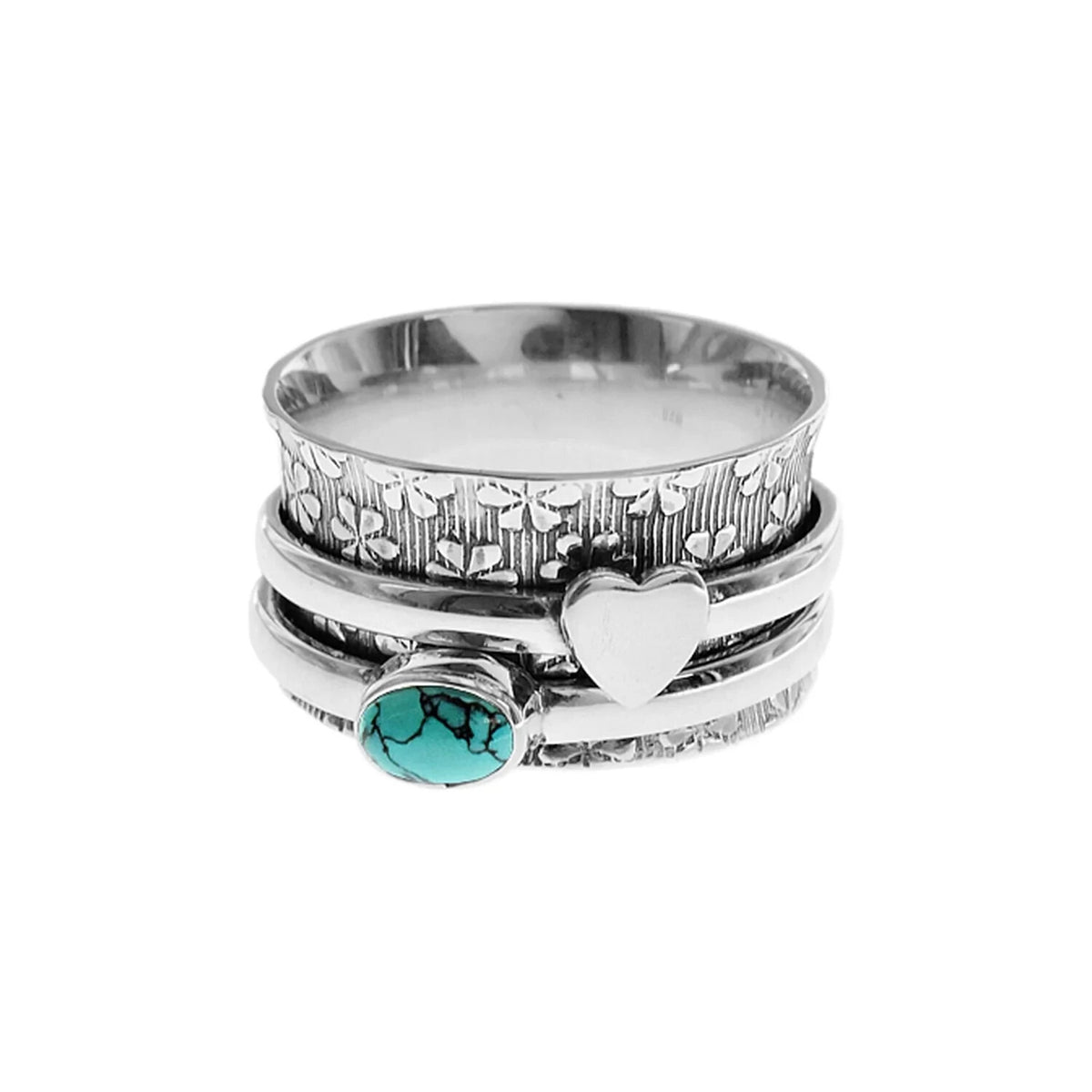 Double Heart Turquoise Spinner Ring Sterling Silver 925 Hallmarked Size K - T