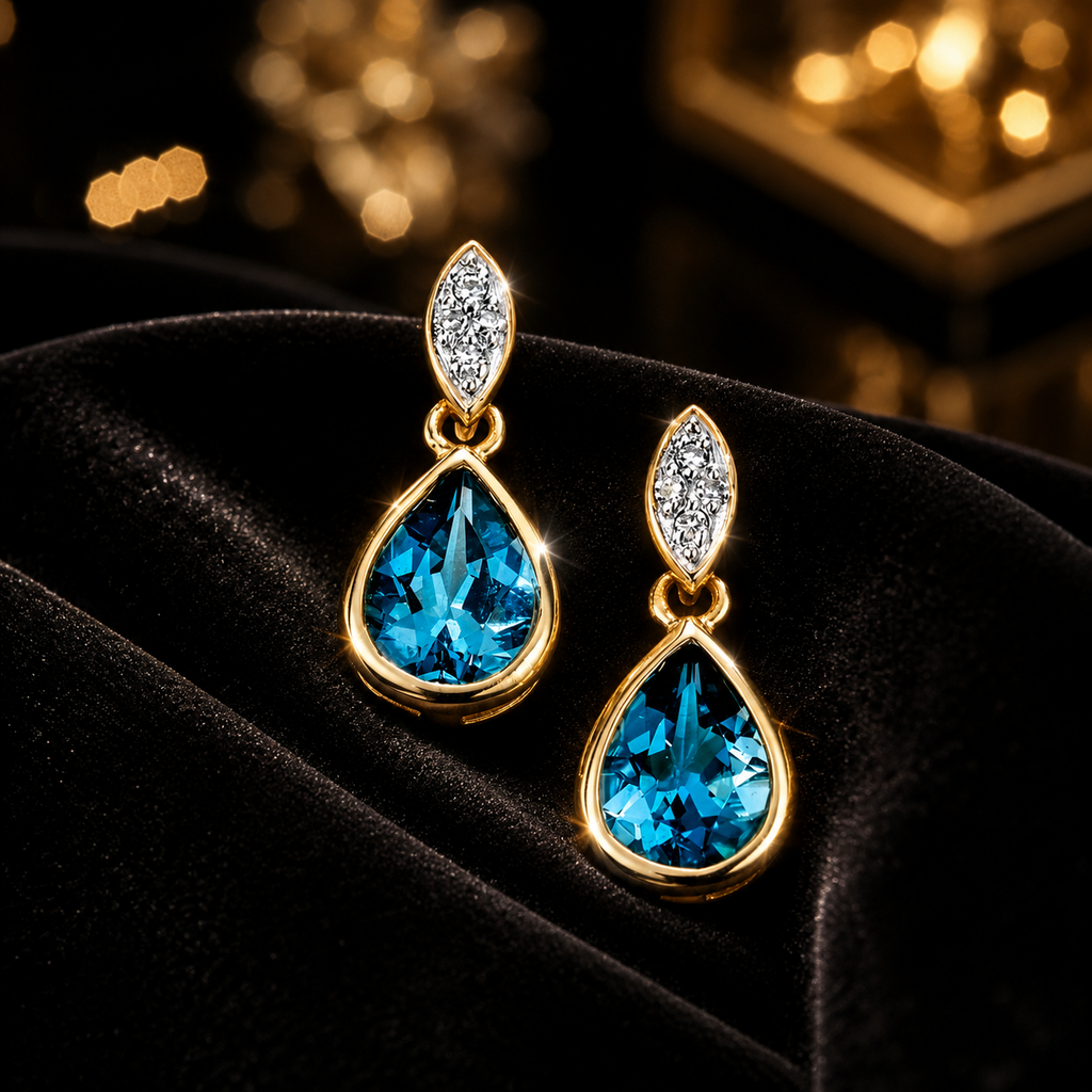 Blue Topaz and Diamond Pear Earrings 9k Yellow Gold Hallmark British Made