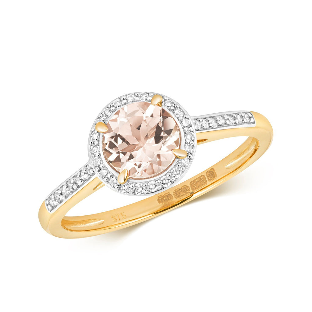 Round Halo Morganite Diamond Ring 9ct 2 Tone Gold 375 Hallmarked Sizes J - Q