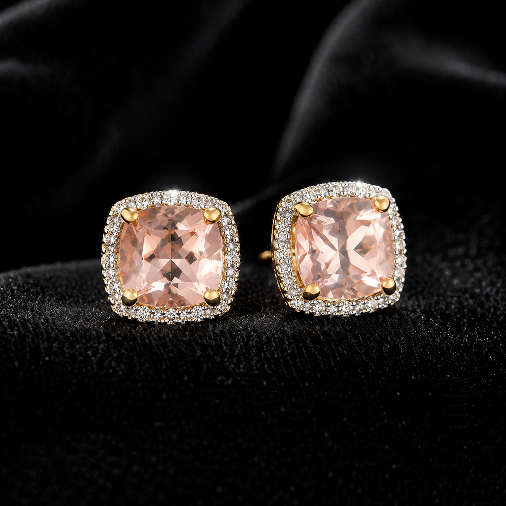Natural Halo Cushion Morganite Diamond Earrings 9ct Multi Tone Gold 375 Hallmark