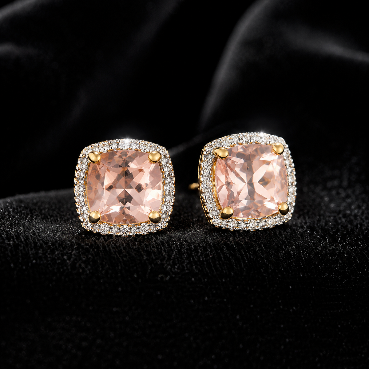 Natural Halo Cushion Morganite Diamond Earrings 9ct Multi Tone Gold 375 Hallmark
