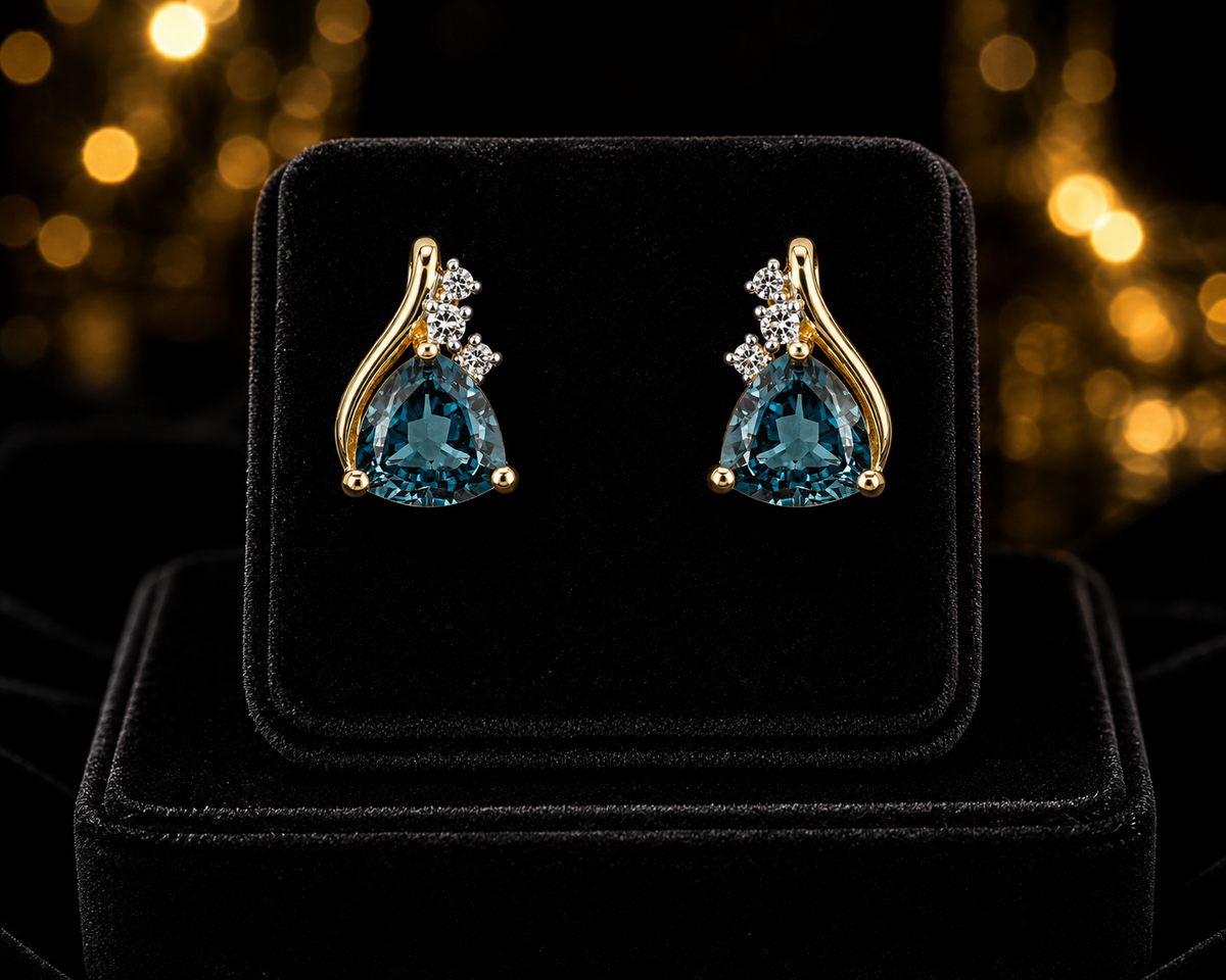 Trillion London Blue Topaz Earrings 9ct Yellow Gold 375 Hallmarked British Made